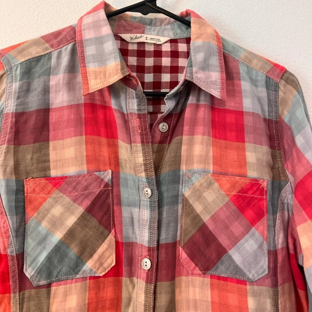 Woolrich Organic Cotton Plaid Red Orange Blue Button Down Gingham Shirt … - Picture 2 of 14